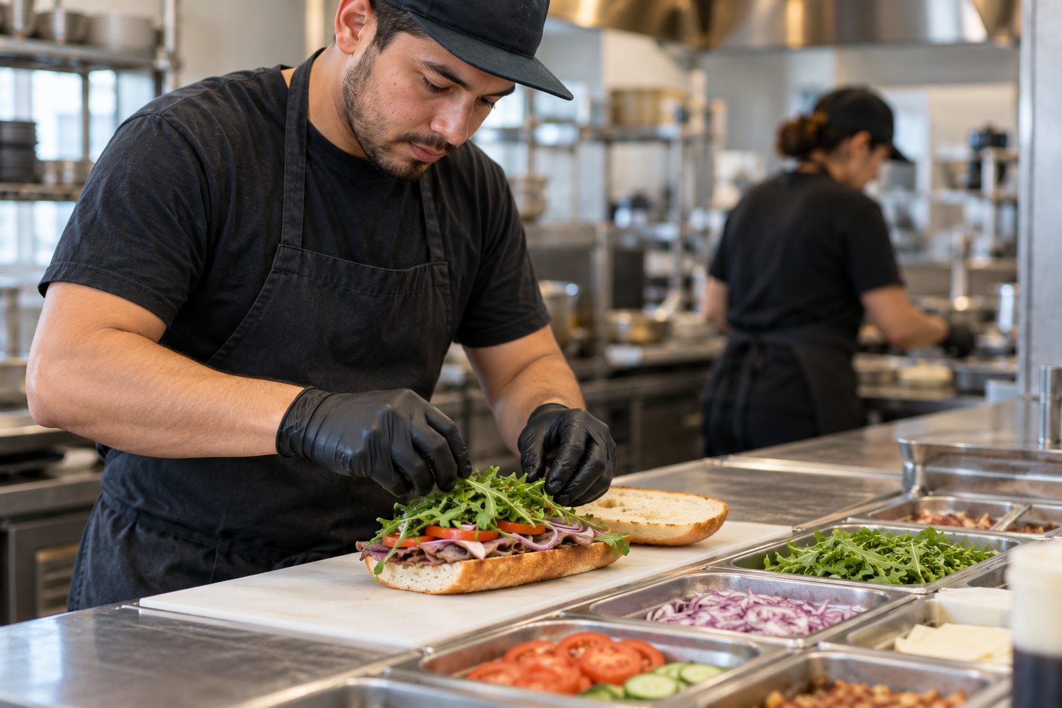Quick-service cook assembling a customizable sandwich at a prep counter.