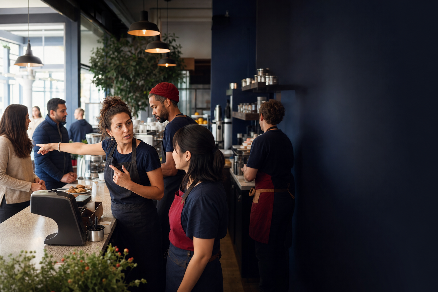 Counter-service team members coordinating orders beside a café register.