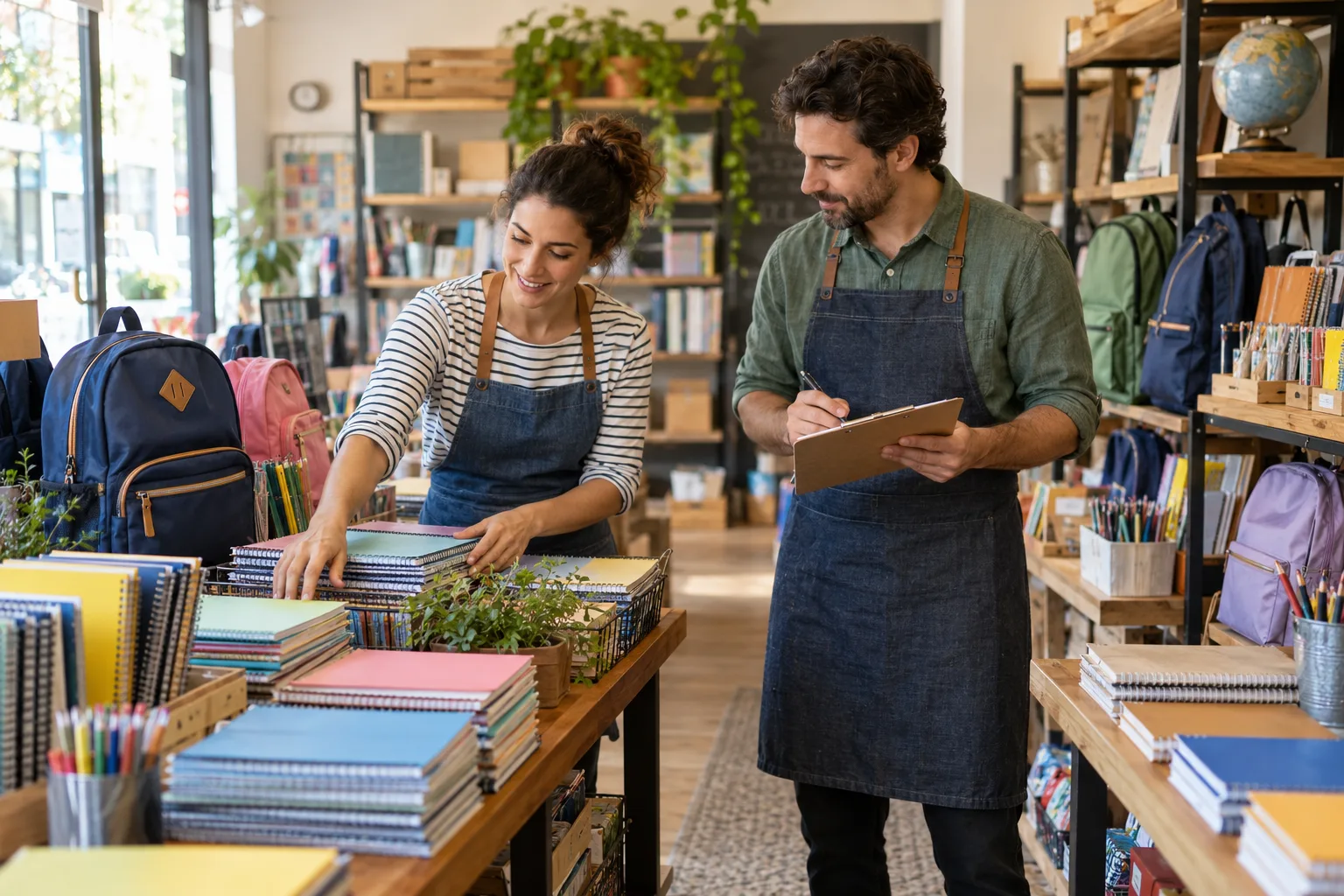 Shop owners arranging notebooks and backpacks for a seasonal display.