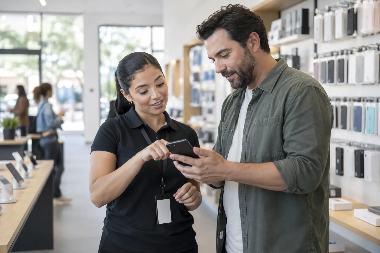 Shop associate helping a customer on the sales floor with an unbranded handheld device.