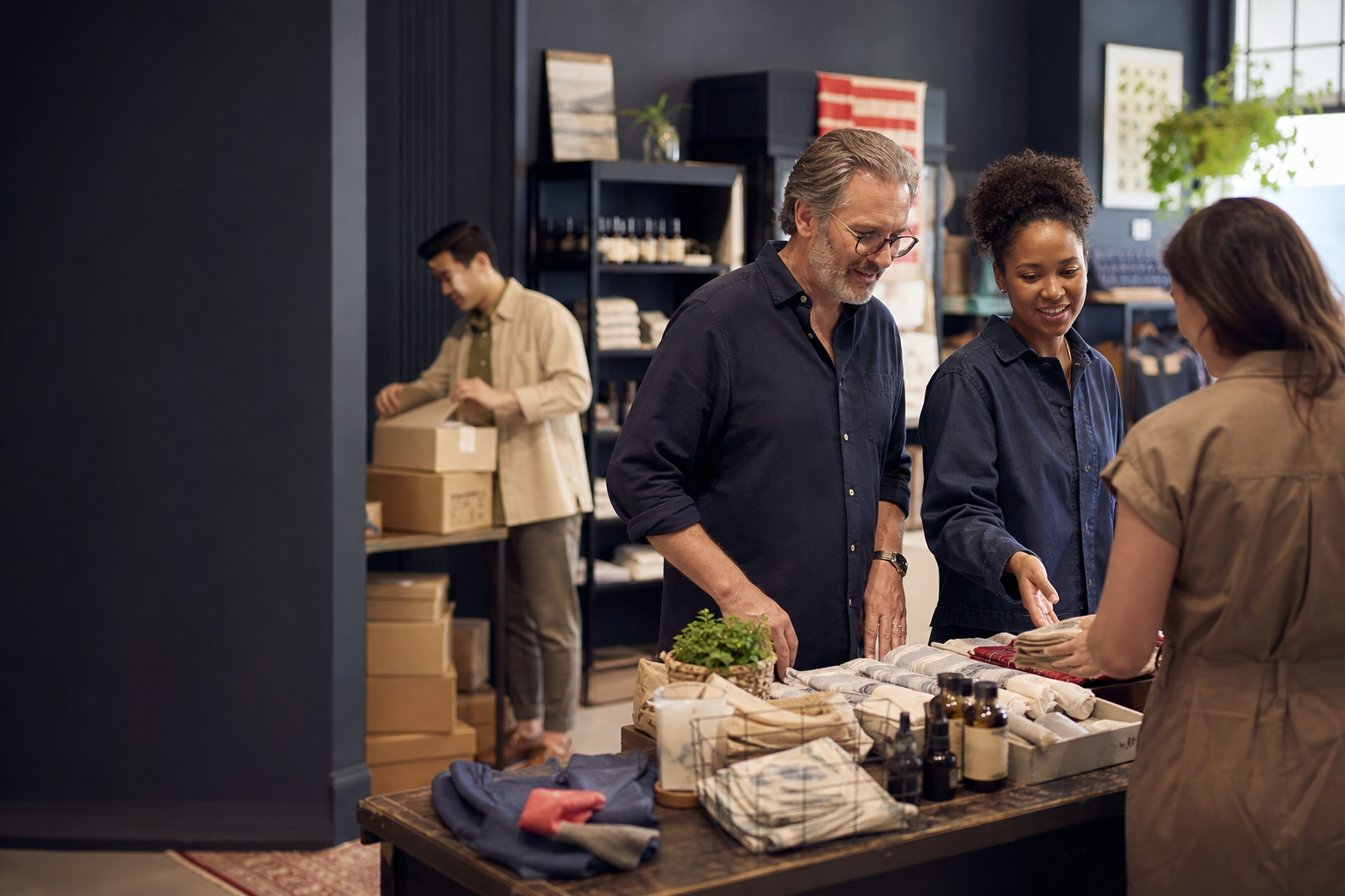 Retail staff helping a customer at a display table while another team member prepares stock.