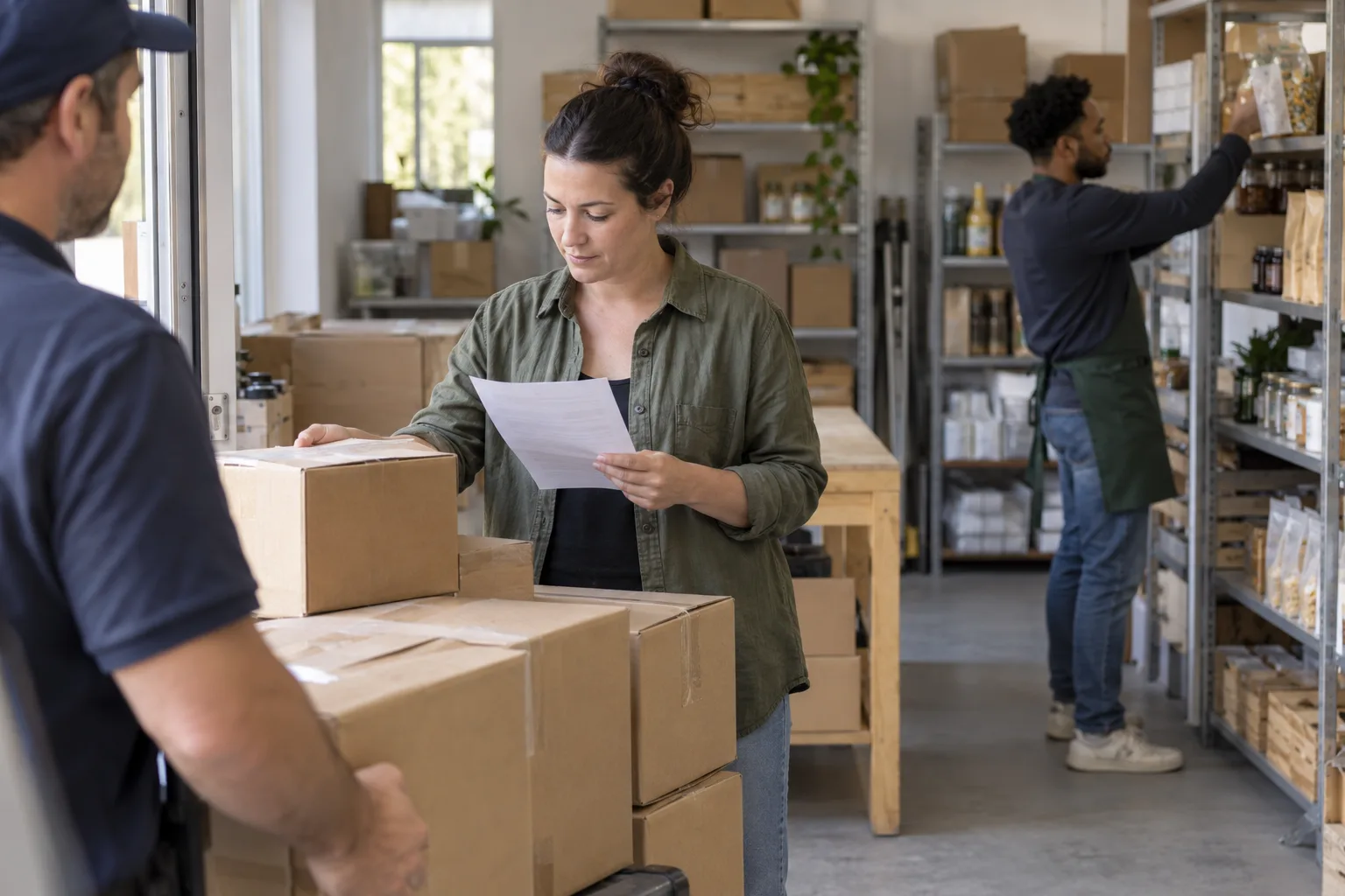 Retail manager checking a delivery while staff restock a shop.