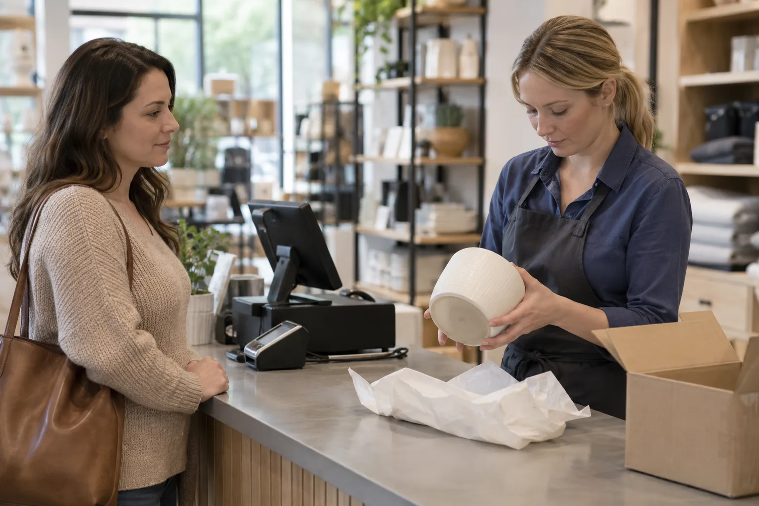 Retail associate reviewing a returned item with a customer at checkout.