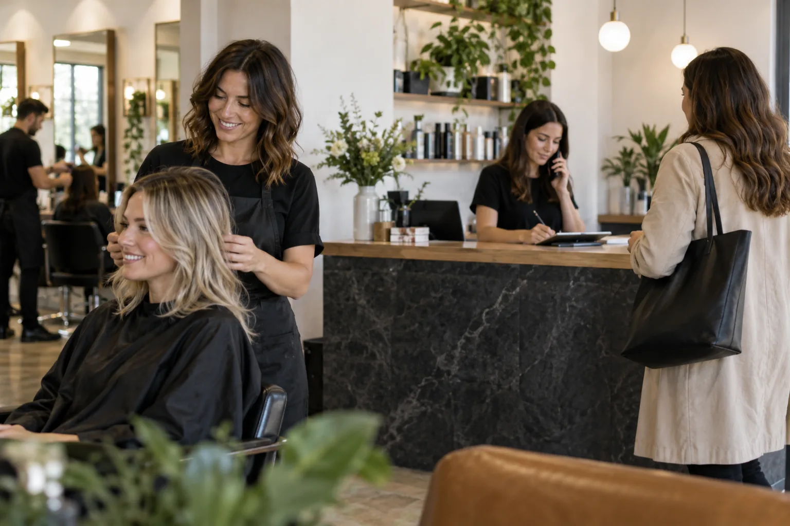 Salon owner reviewing appointments with a client at reception.