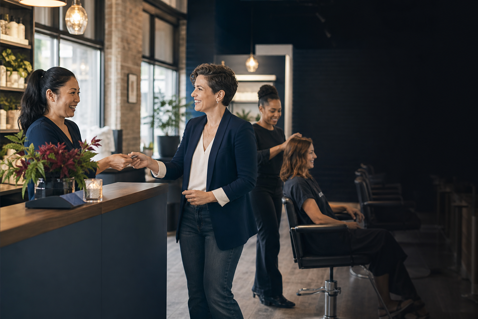 Salon team members welcoming a client at the front desk during a service appointment.