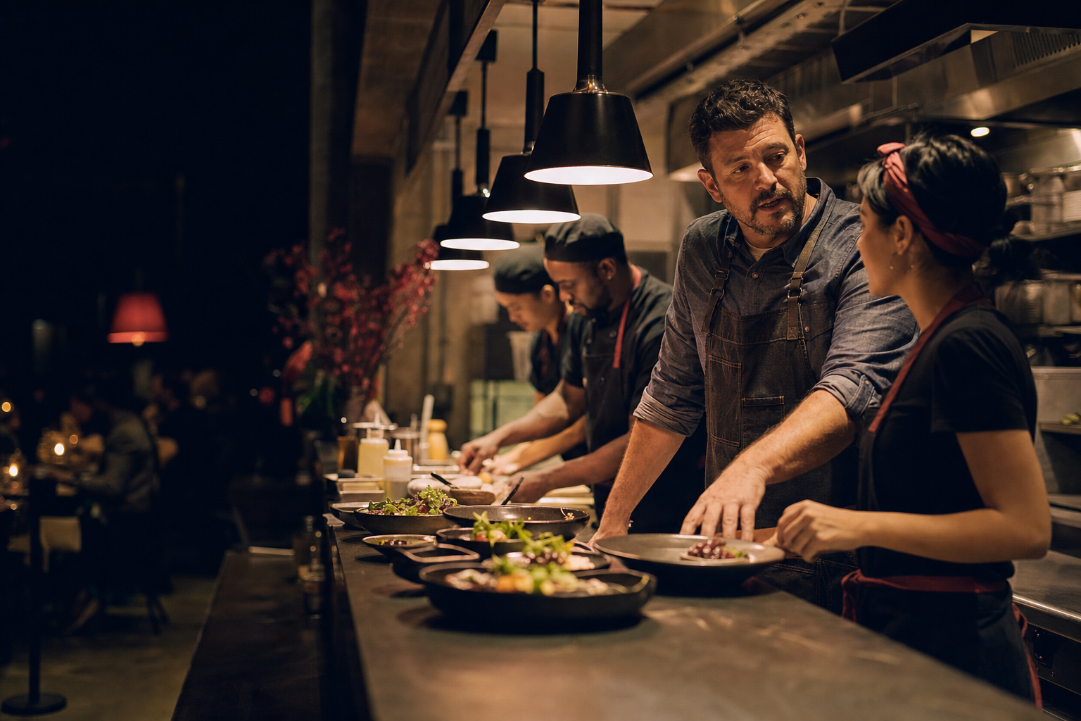 Restaurant cooks and servers working together along a warmly lit pass.