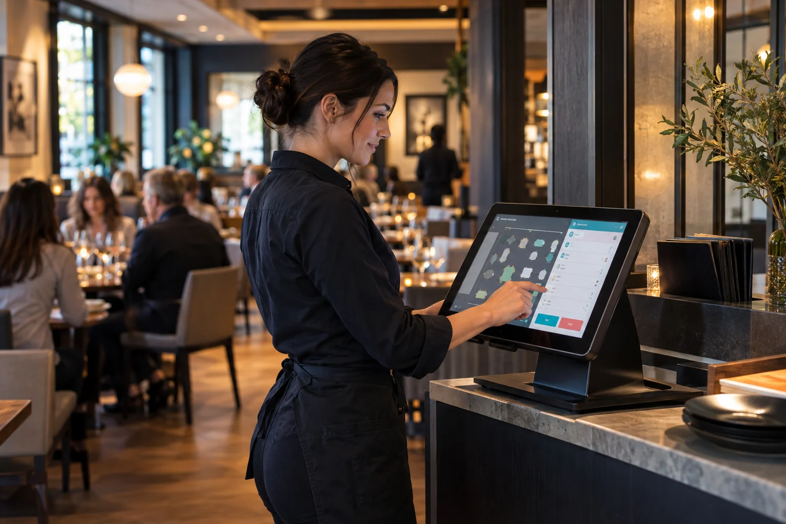 Restaurant staff working together between the dining room and kitchen.
